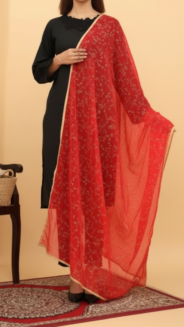Red Screen Printed Chiffon Dupatta PD5394