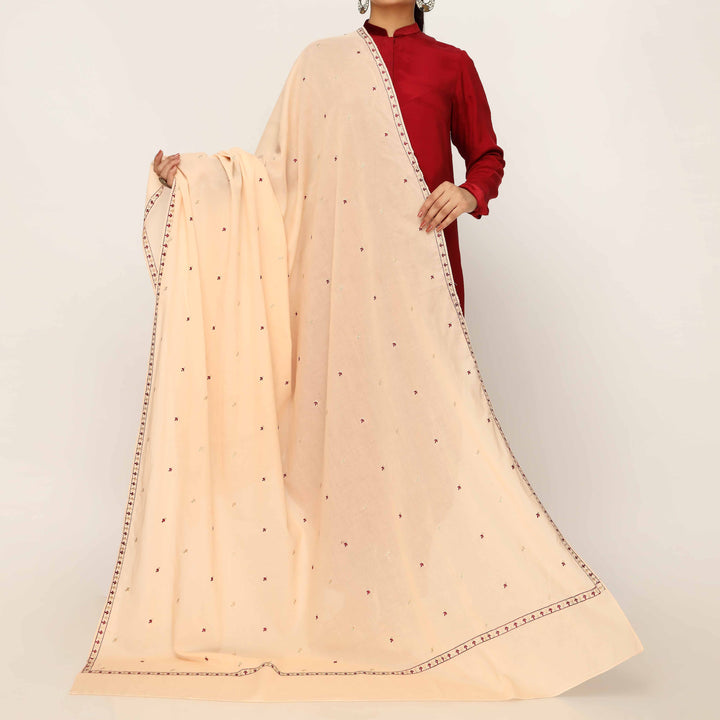 Cream Embroidered Cotton Dupatta PD5475