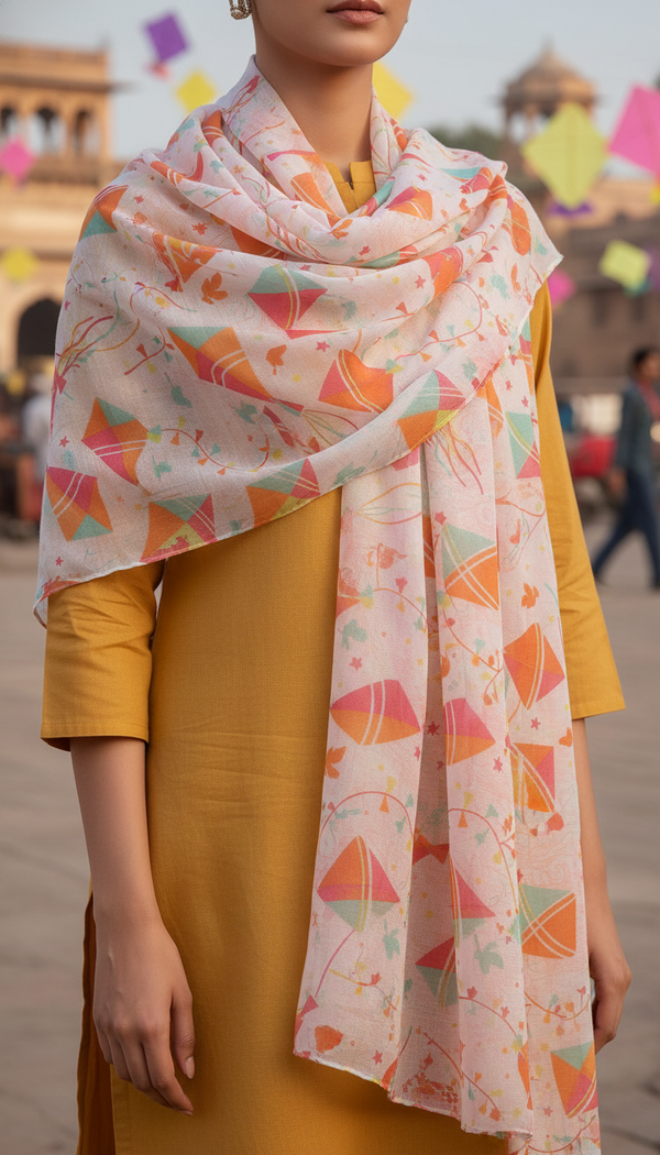 White Digital Printed Apple Silk Stole PD6054