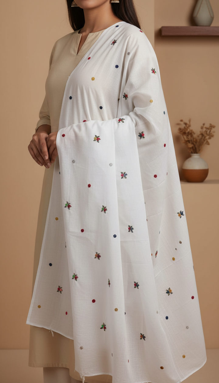 White Embellished Cotton Shawl PD6067