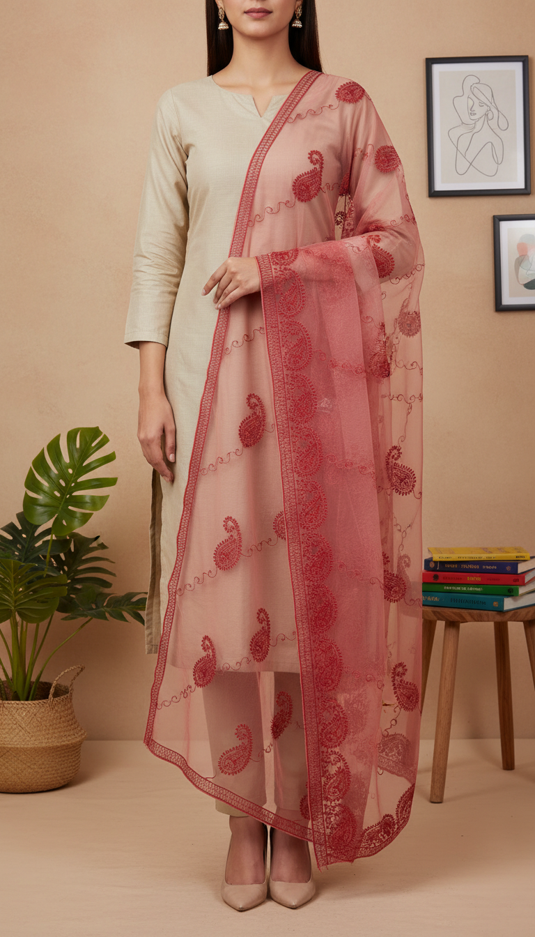 Red Embellished Net Dupatta PD6078