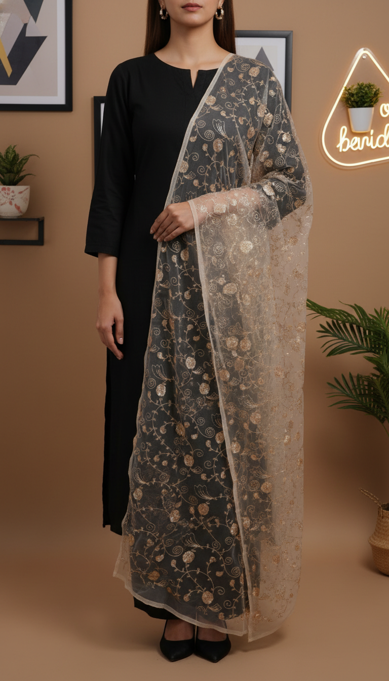 White Embellished Net Dupatta PD6079