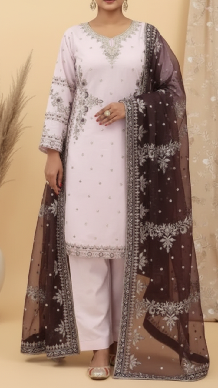 3PC- Embroidered Khadi Net Suit PF5124