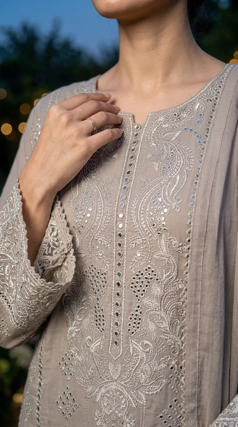3 PC Embellished Cotton Stitched Suit PF600907