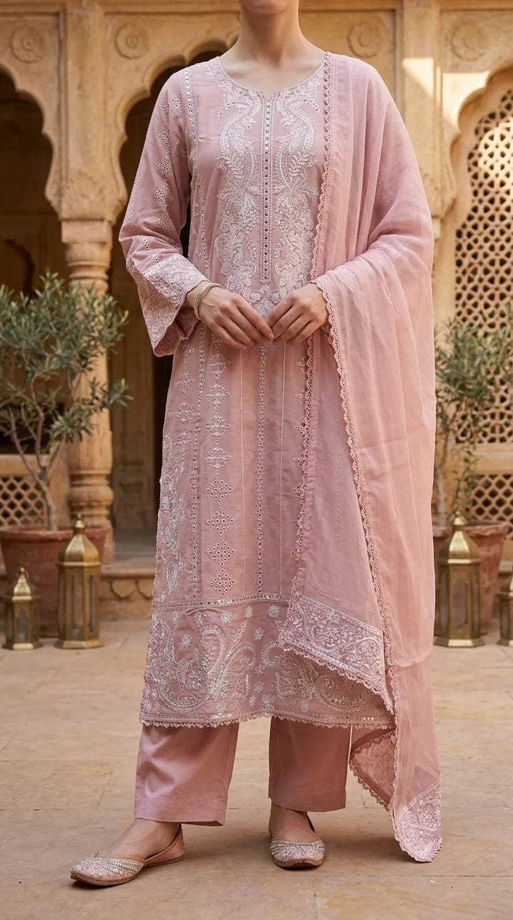 3 PC Embellished Cotton Stitched Suit PF600918