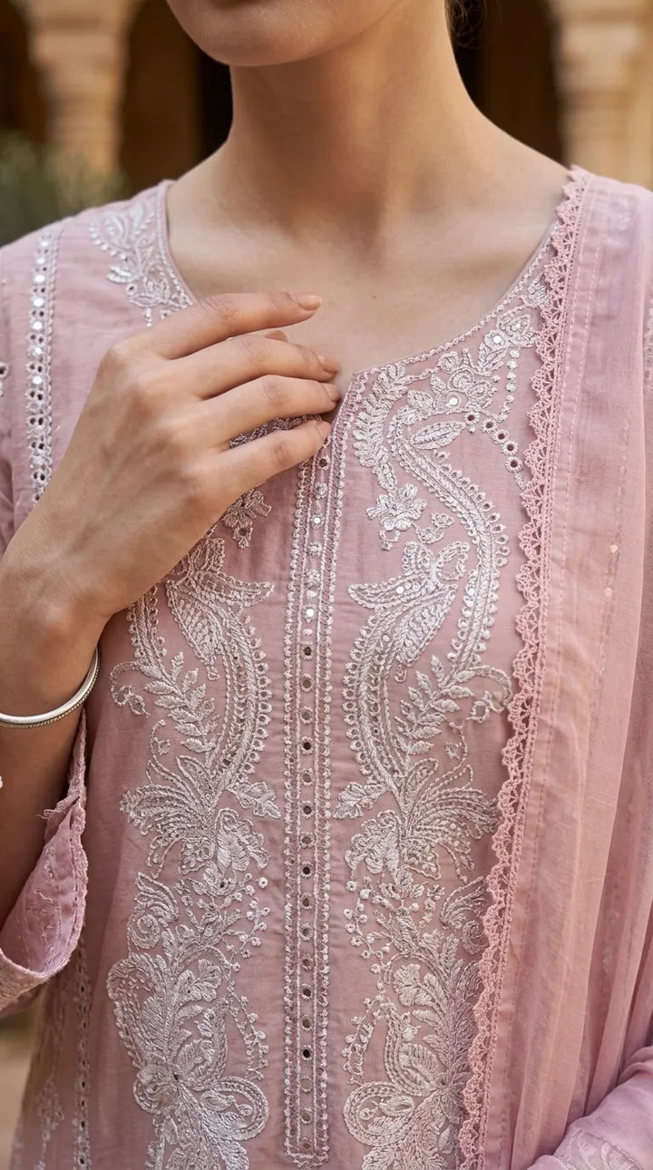 3 PC Embellished Cotton Stitched Suit PF600918