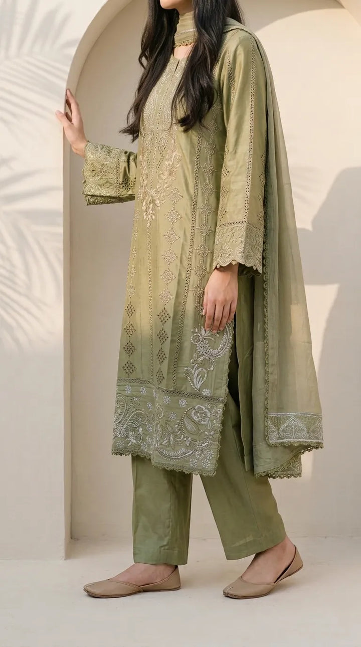 3 PC Embellished Cotton Stitched Suit PF600940