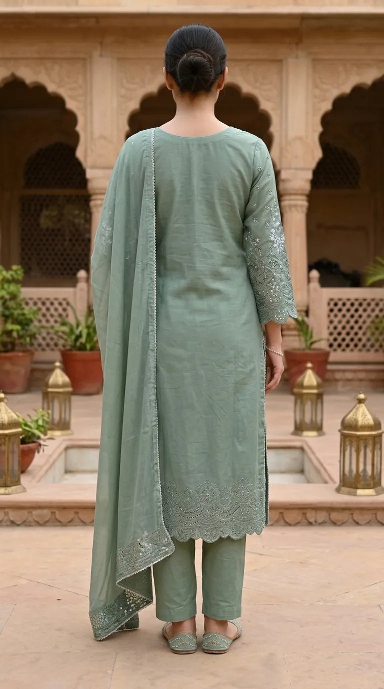 3 PC Embellished Cotton Stitched Suit PF601340