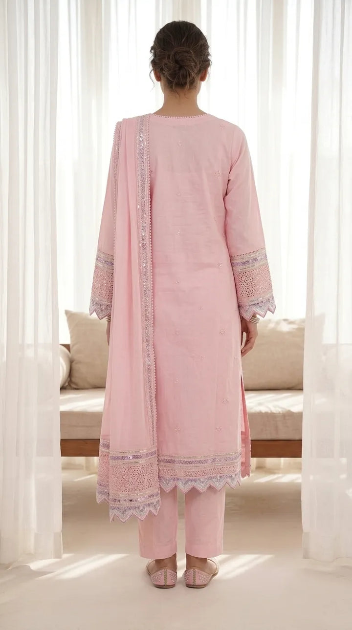 3 PC Embellished Cotton Stitched Suit PF601618