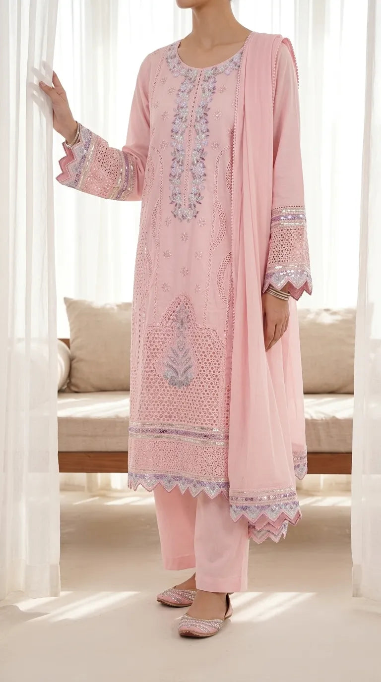3 PC Embellished Cotton Stitched Suit PF601618
