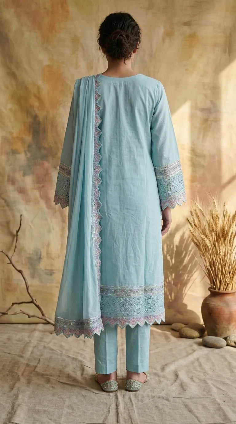 3 PC Embellished Cotton Stitched Suit PF601690