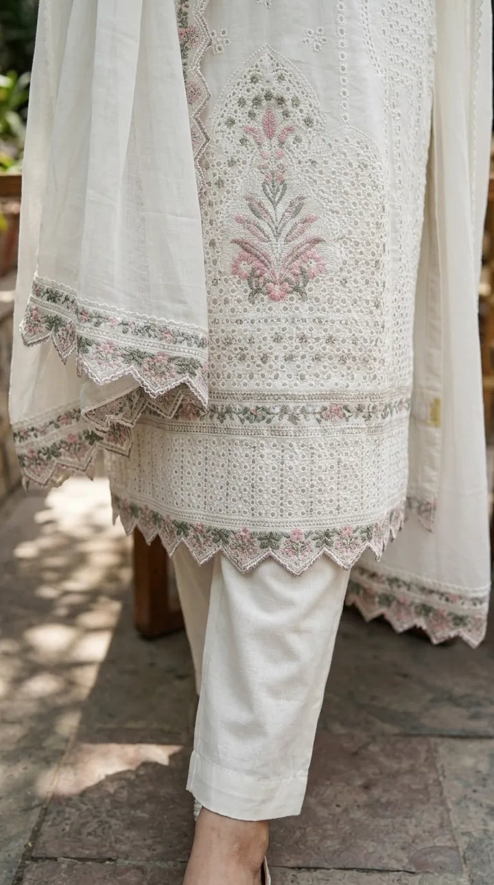 3 PC Embellished Cotton Stitched Suit PF601693