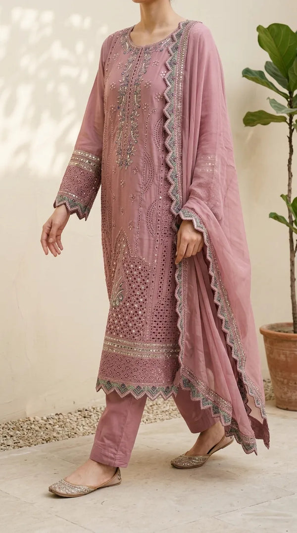 3 PC Embellished Cotton Stitched Suit PF6016B1