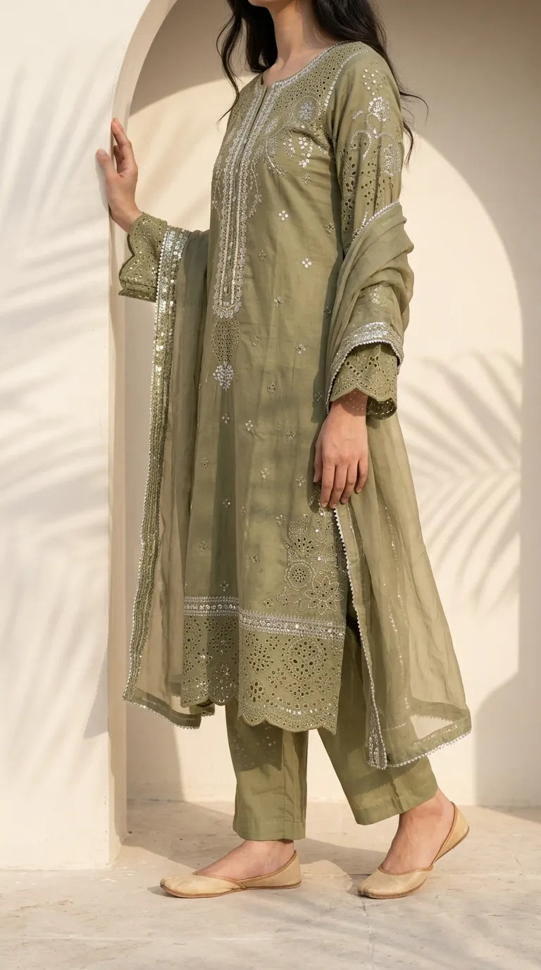 3 PC Embellished Cotton Stitched Suit PF601811