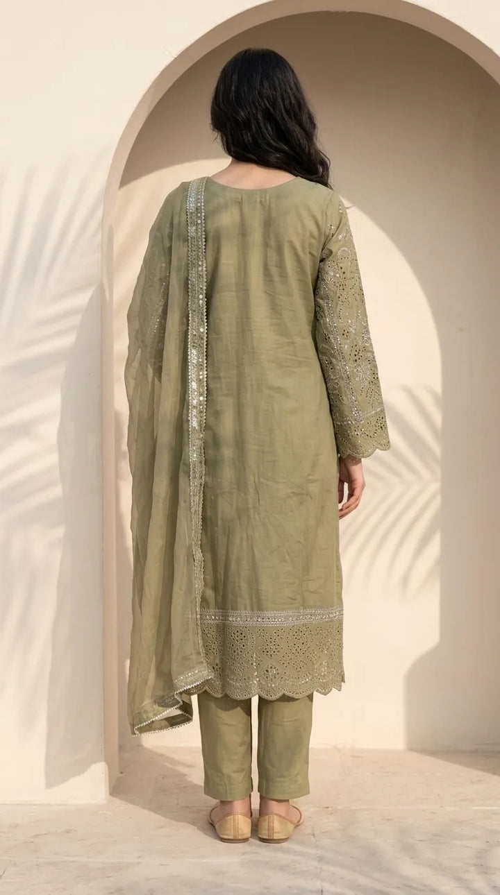 3 PC Embellished Cotton Stitched Suit PF601811