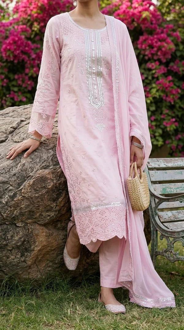 3 PC Embellished Cotton Stitched Suit PF601823