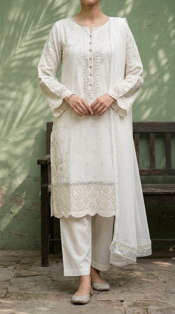 3 PC Embellished Cotton Stitched Suit PF601893