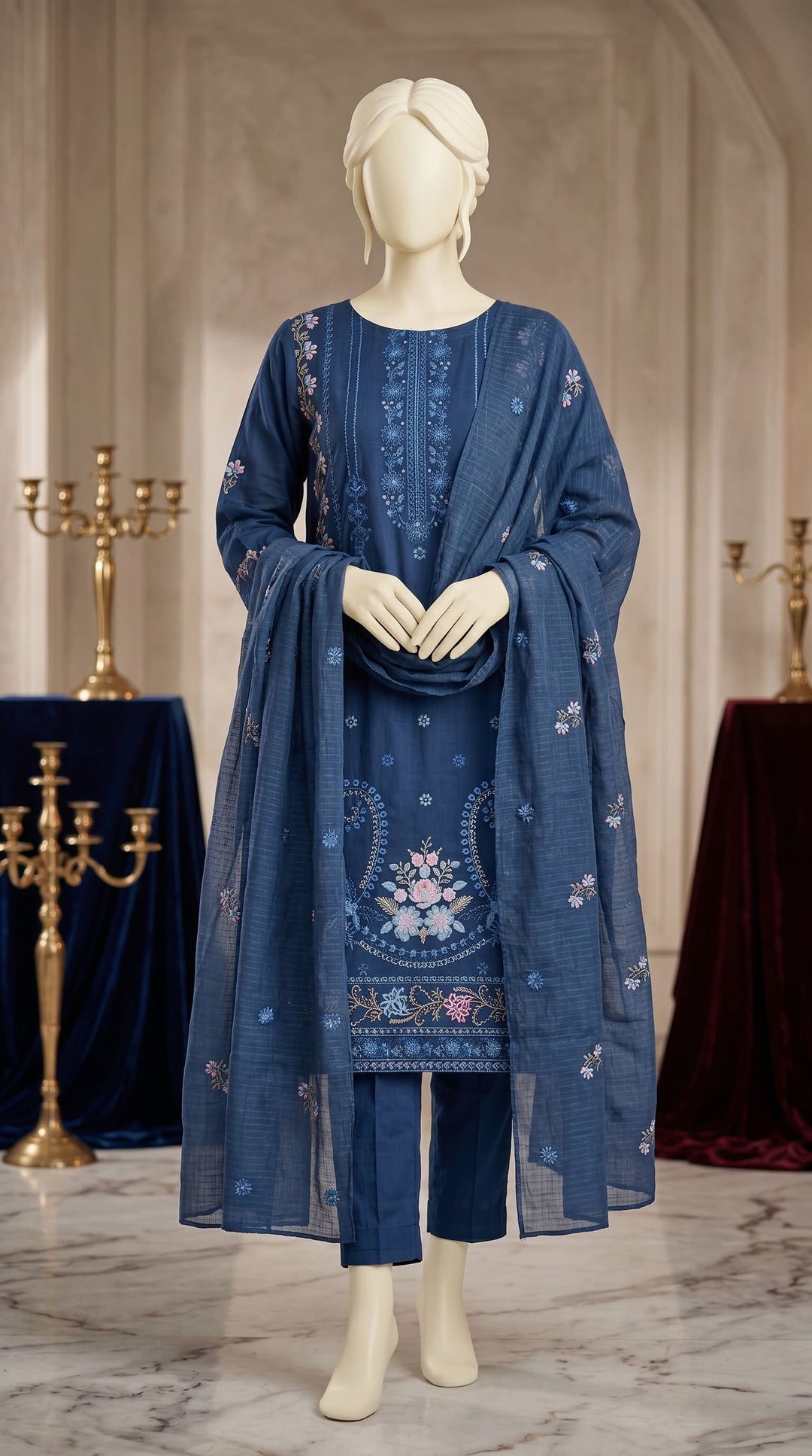 3 PC Embellished Cambric Suit PF609312