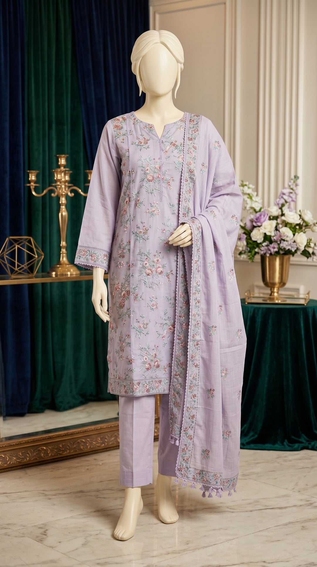 3 PC Embellished Cambric Suit PF609407