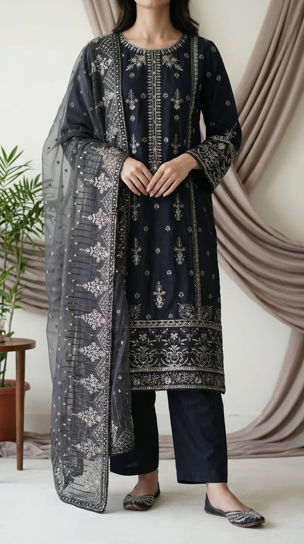 3 PC Embellished Cotton Stitched Suit PF610001