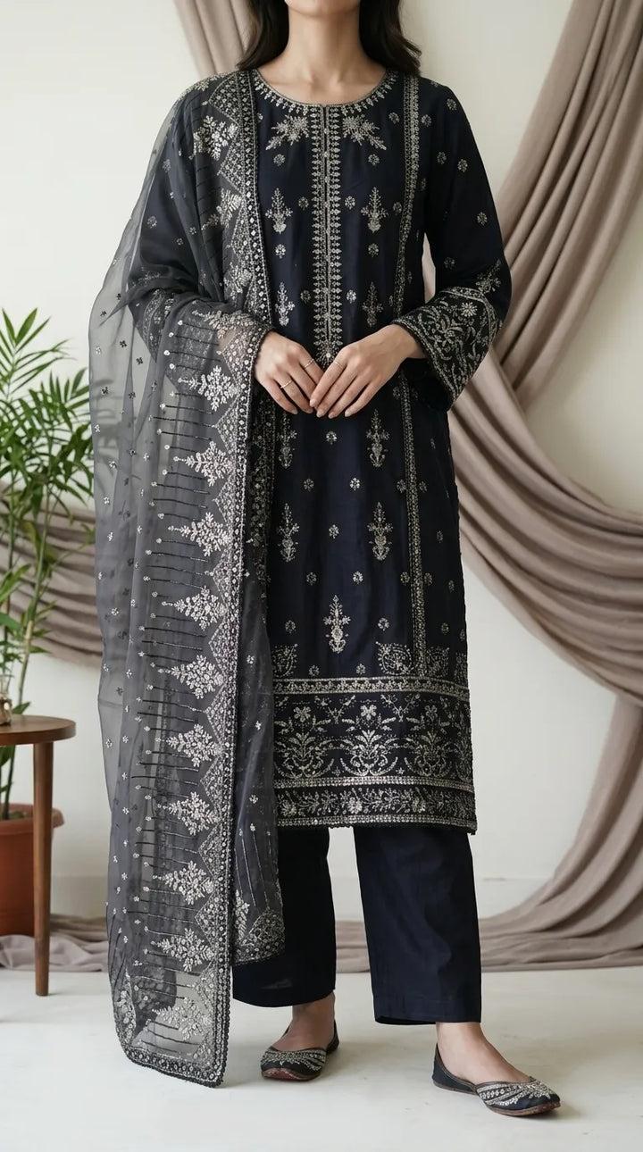 3 PC Embellished Cotton Stitched Suit PF610001