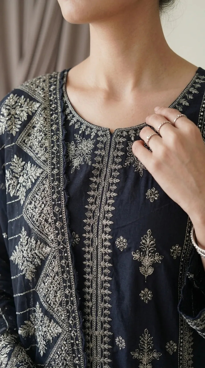 3 PC Embellished Cotton Stitched Suit PF610001