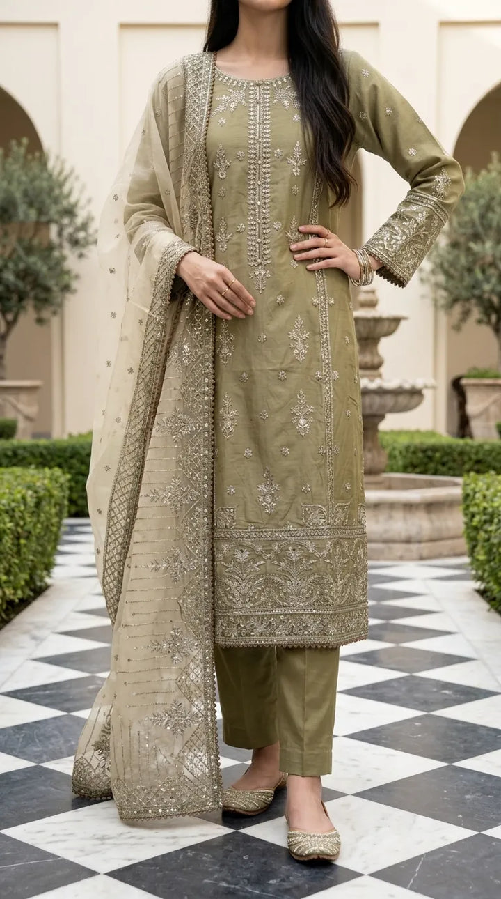 3 PC Embellished Cotton Stitched Suit PF610002
