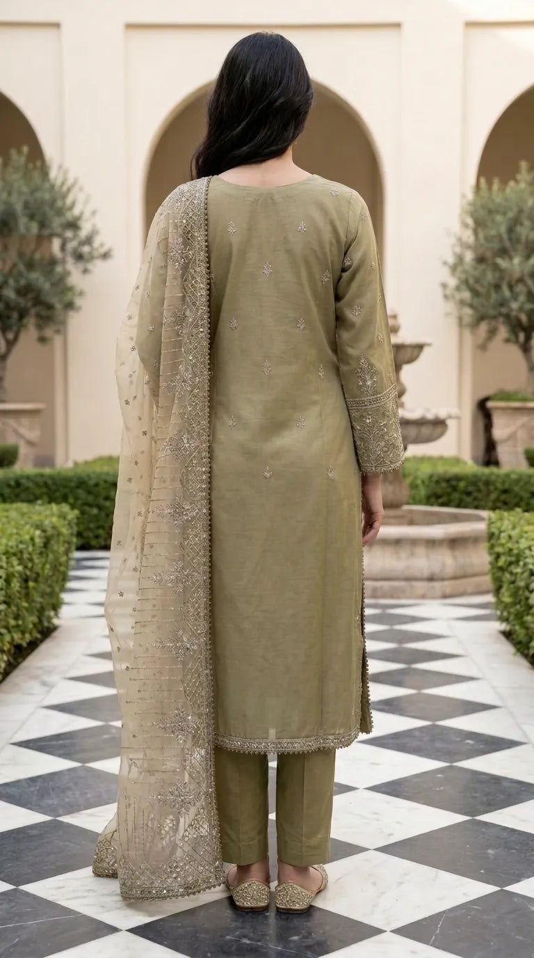 3 PC Embellished Cotton Stitched Suit PF610002
