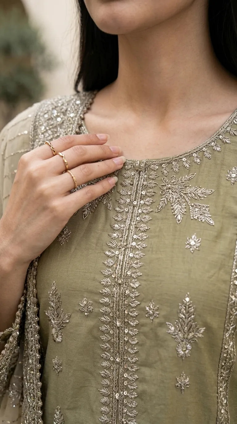 3 PC Embellished Cotton Stitched Suit PF610002