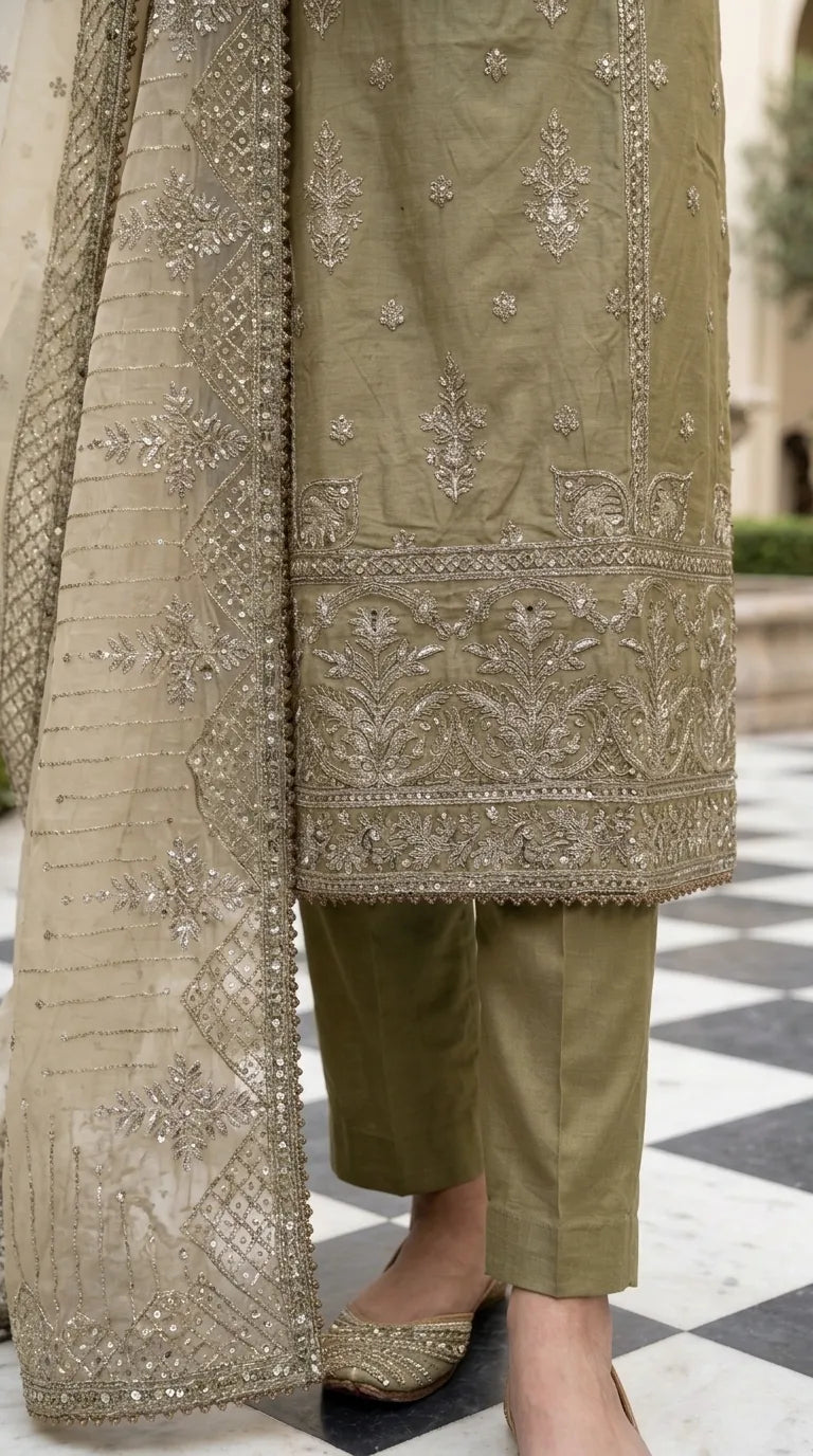 3 PC Embellished Cotton Stitched Suit PF610002