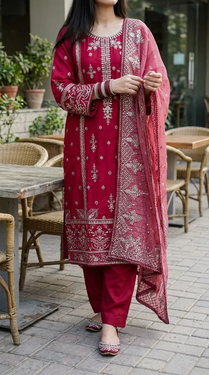 3 PC Embellished Cotton Stitched Suit PF610005