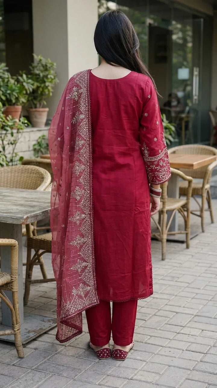 3 PC Embellished Cotton Stitched Suit PF610005
