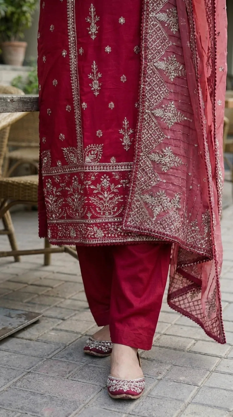 3 PC Embellished Cotton Stitched Suit PF610005