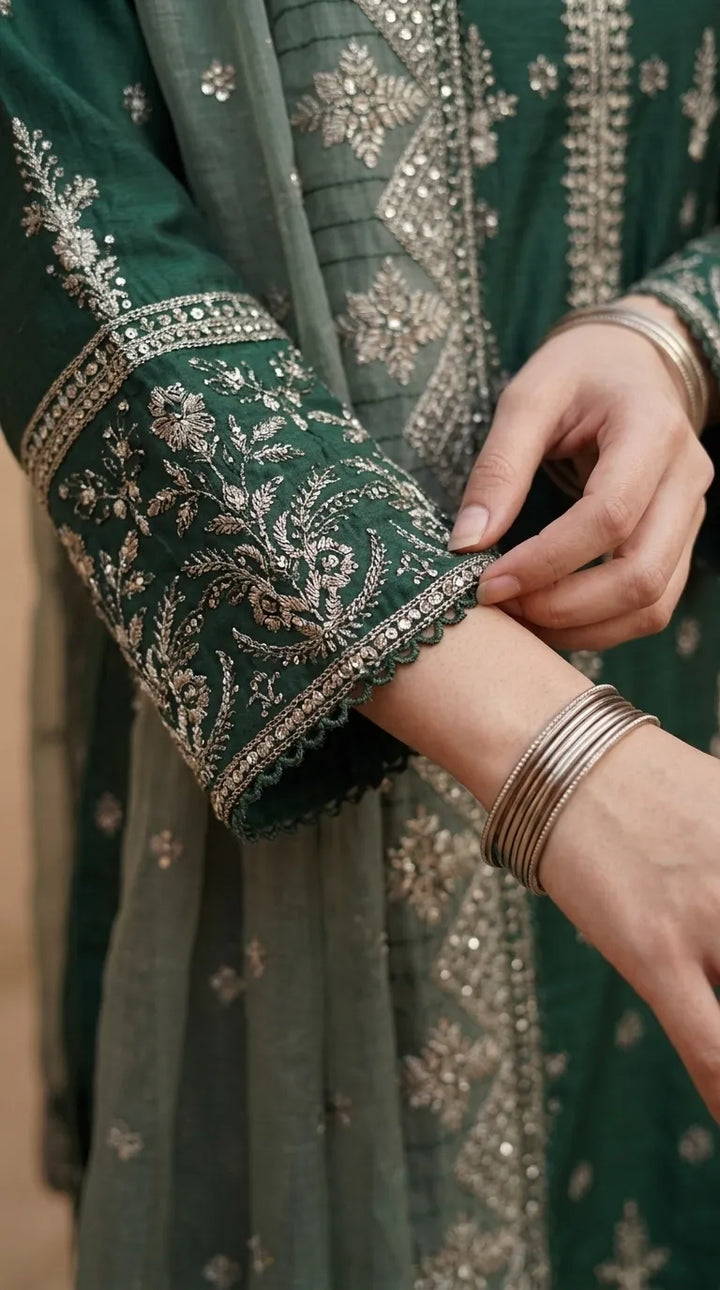3 PC Embellished Cotton Stitched Suit PF610011