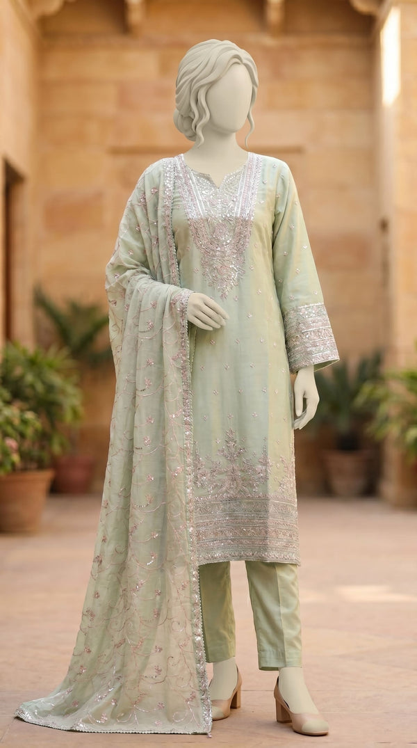 3 PC Embellished Raw Silk Suit PF610111