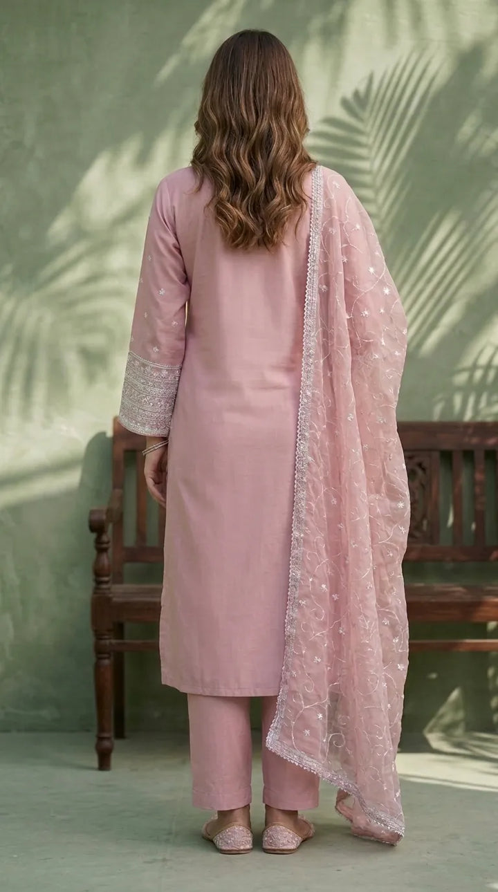 3 PC Embellished Cotton Stitched Suit PF610118