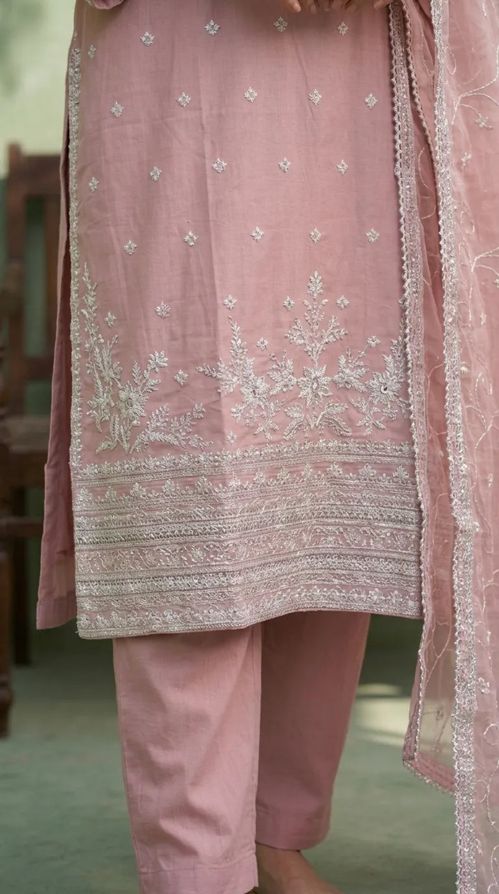 3 PC Embellished Cotton Stitched Suit PF610118