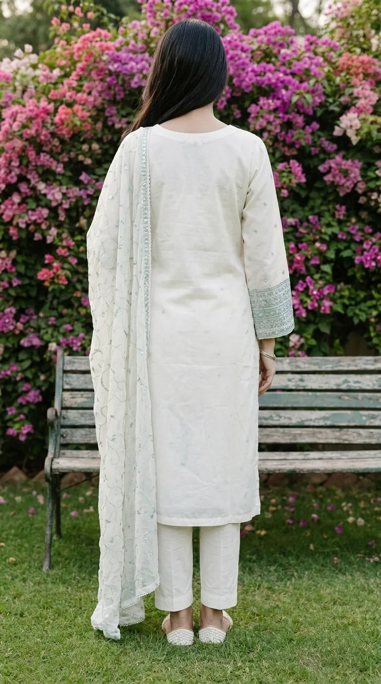 3 PC Embellished Cotton Stitched Suit PF610193