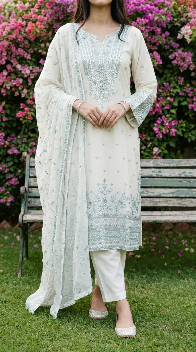 3 PC Embellished Cotton Stitched Suit PF610193
