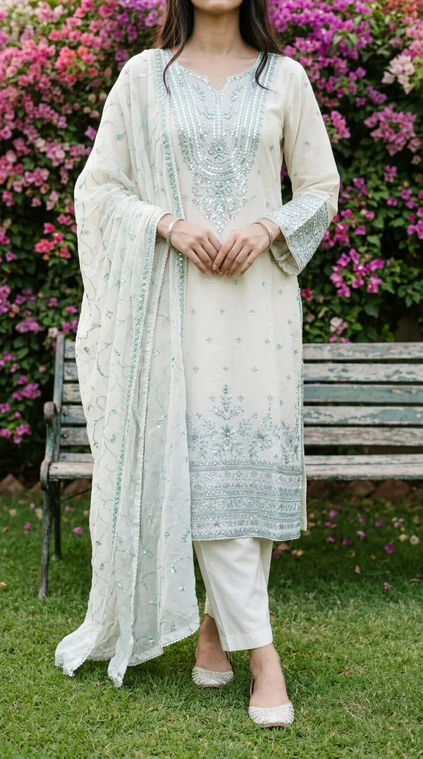3 PC Embellished Cotton Stitched Suit PF610193