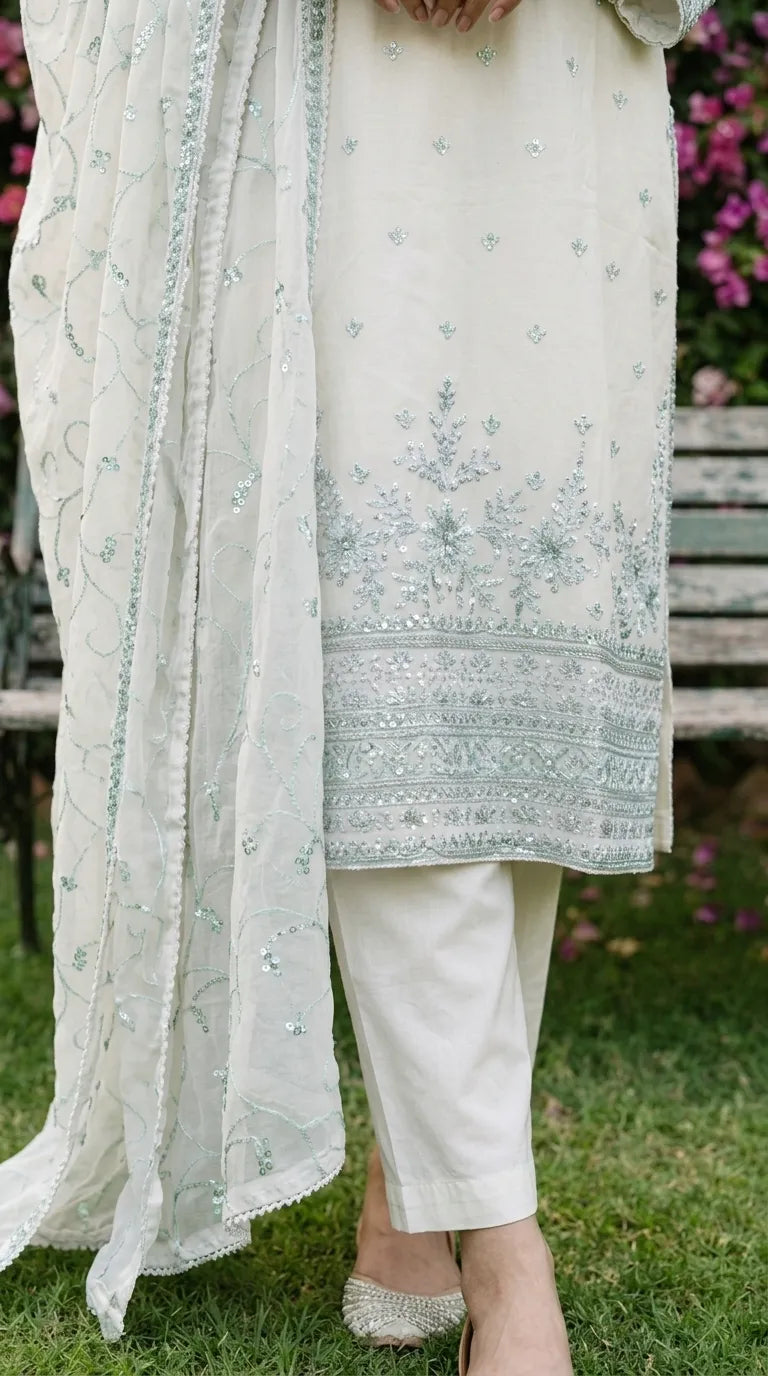 3 PC Embellished Cotton Stitched Suit PF610193