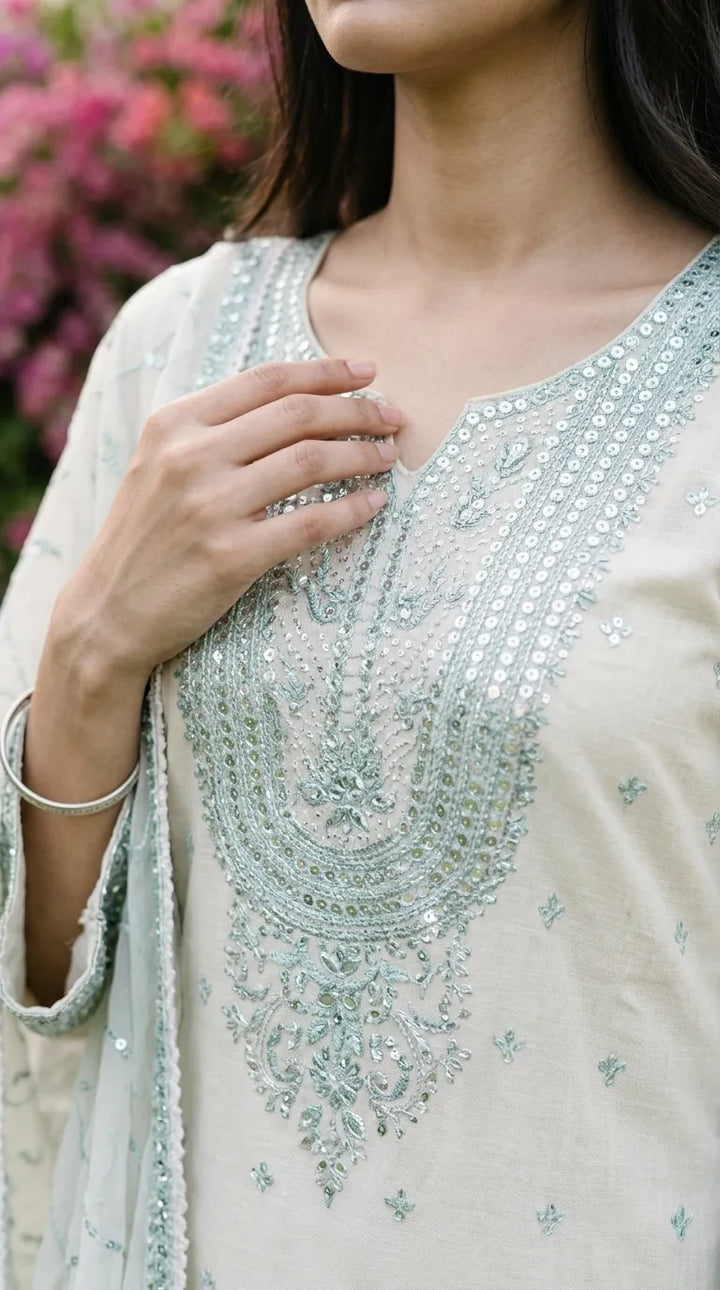 3 PC Embellished Cotton Stitched Suit PF610193