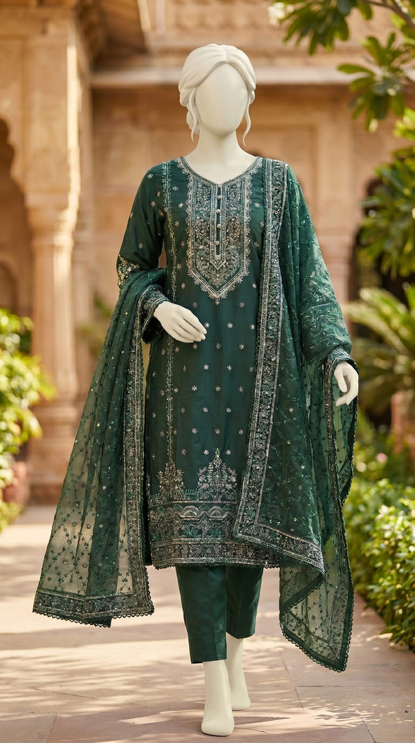 3 PC Embellished Raw Silk Suit PF610211