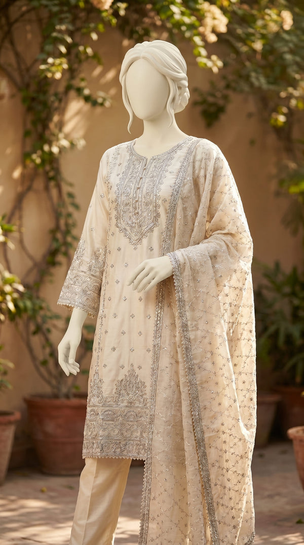 3 PC Embellished Raw Silk Suit PF610293