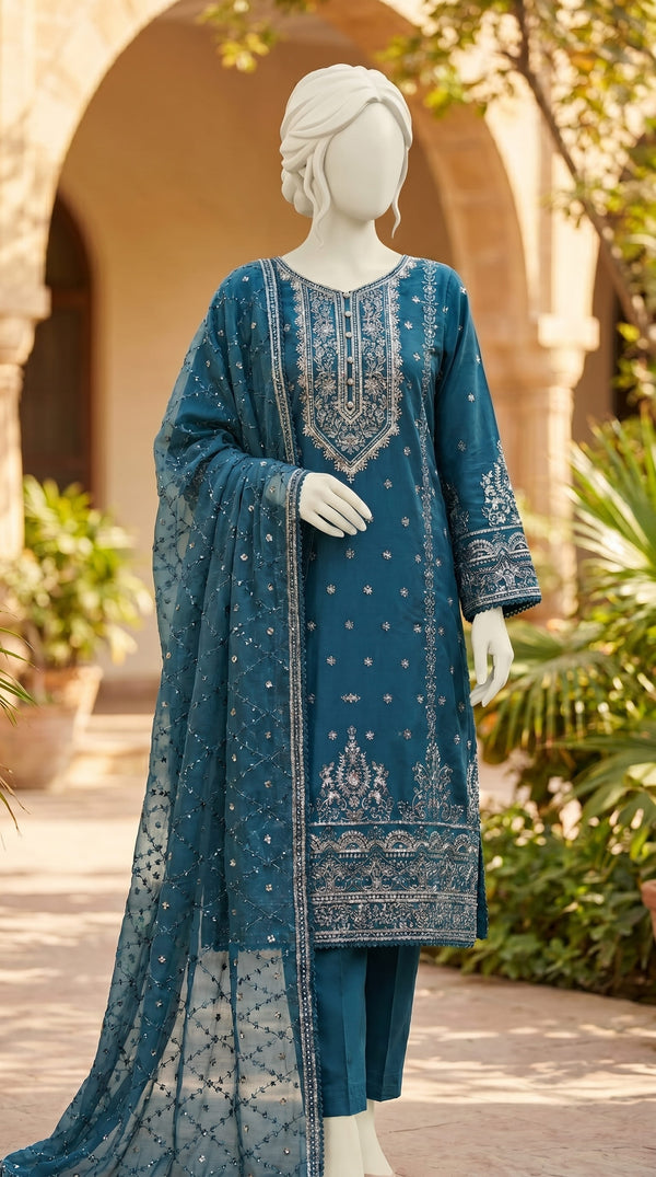 3 PC Embellished Raw Silk Suit PF610296