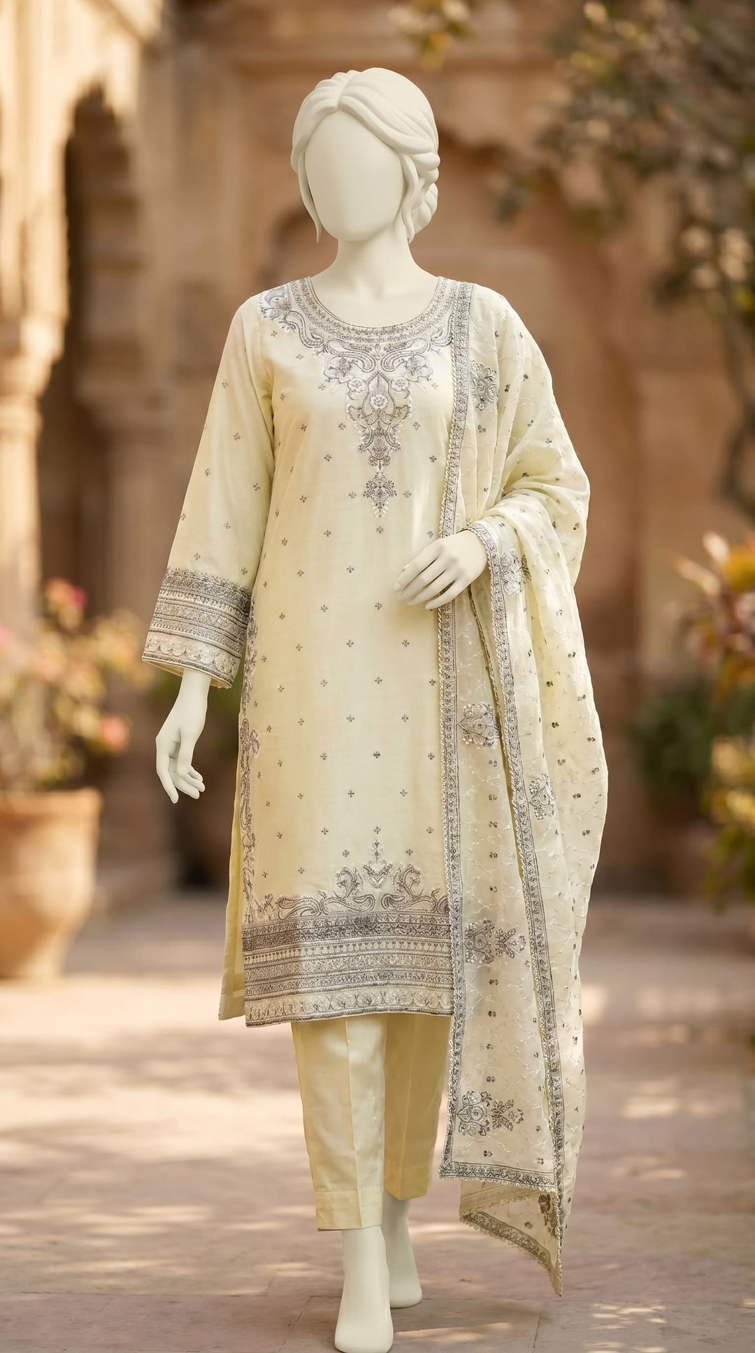 3 PC Embellished Raw Silk Suit PF610320