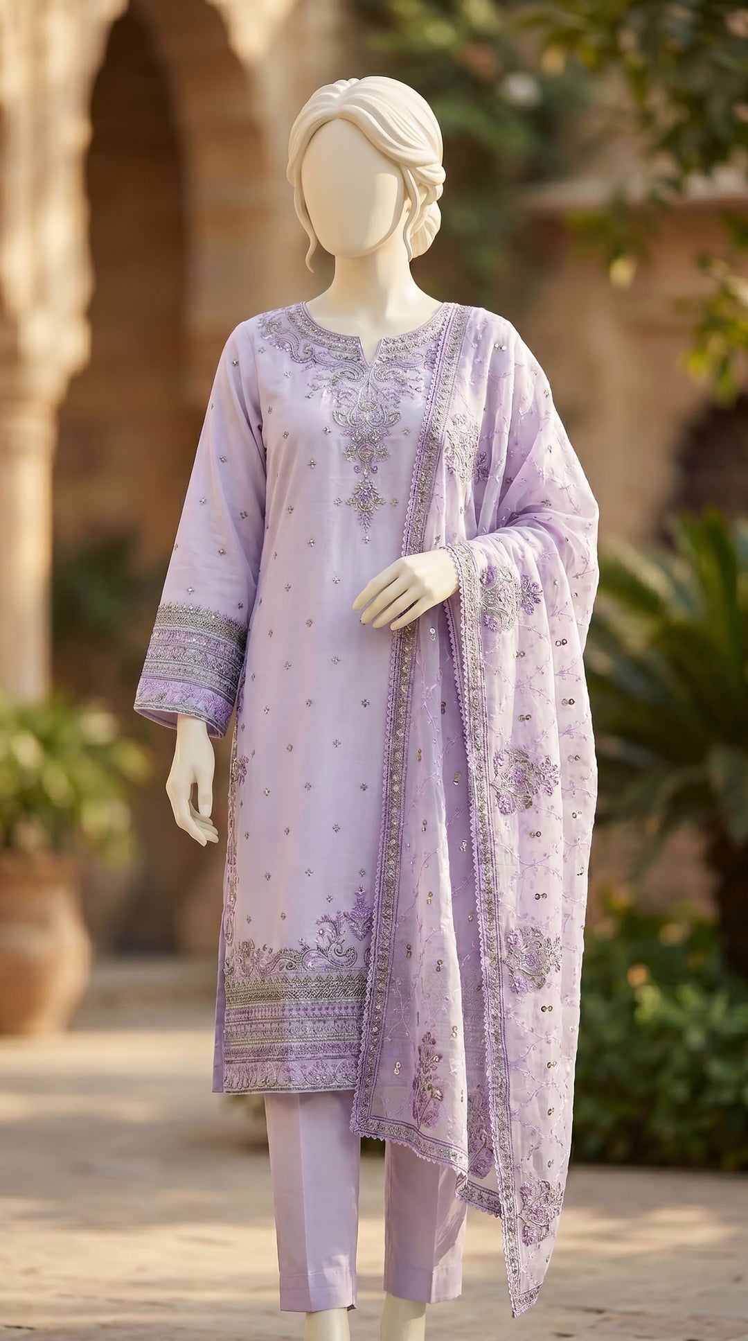 3 PC Embellished Raw Silk Suit PF610366