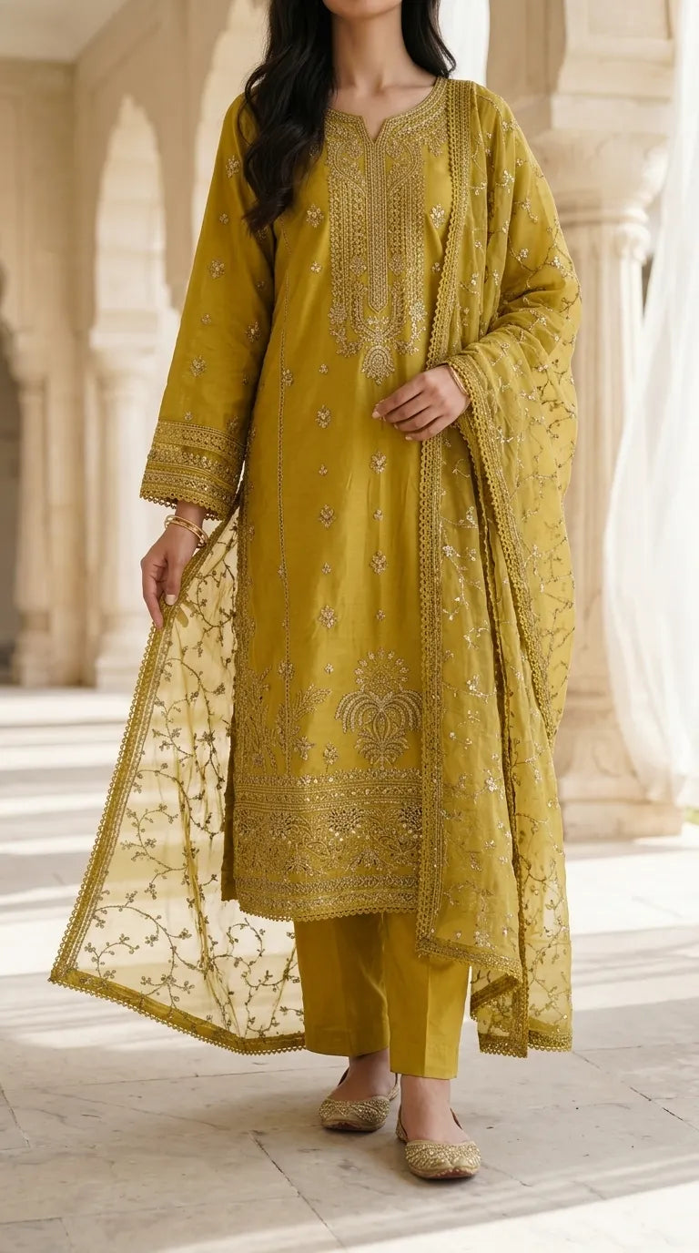 3 PC Embellished Cotton Stitched Suit PF612406