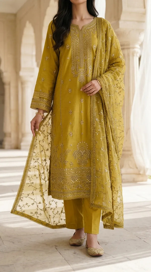 3 PC Embellished Cotton Stitched Suit PF612406