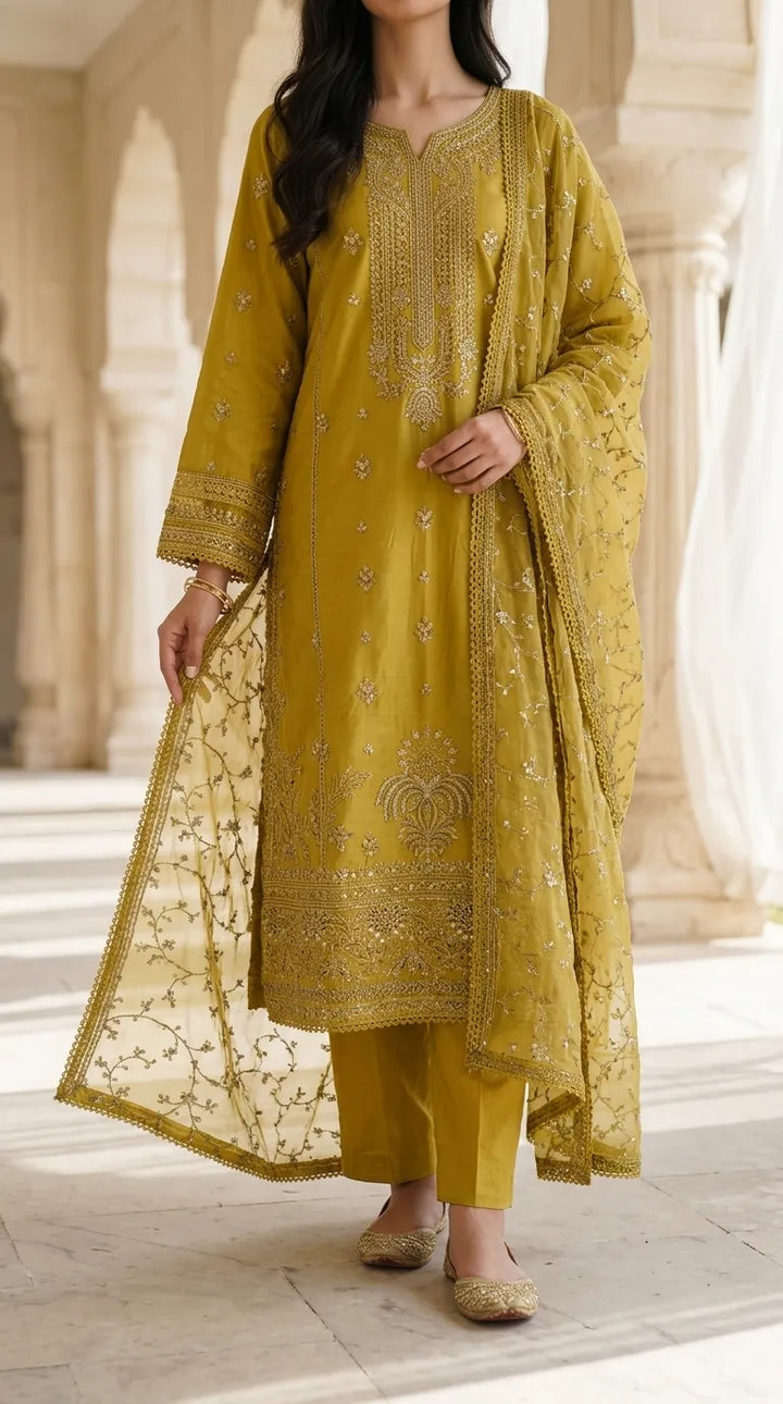 3 PC Embellished Cotton Stitched Suit PF612406
